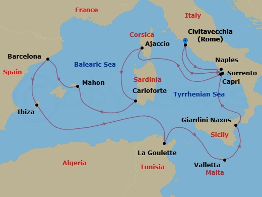 Route map: Civitavecchia (Rome) → Port Of Naples → Capri → Ajaccio (Corsica) → Carloforte → Mahon (Menorca) → Barcelona → Ibiza → Tunis/La Goulette → La Valletta