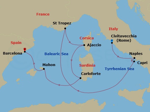 Route map: Civitavecchia (Rome) → Port Of Naples → Capri → Saint-Tropez → Ajaccio (Corsica) → Carloforte → Mahon (Menorca) → Barcelona