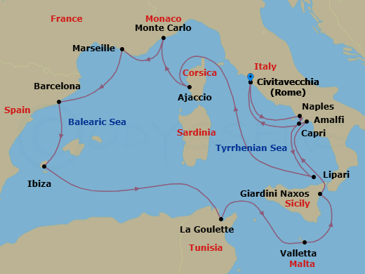 Route map: Civitavecchia (Rome) → Port Of Naples → Capri → Lipari (Aeolian Islands) → Ajaccio (Corsica) → Monte Carlo → Marseille → Barcelona → Ibiza → Tunis/La Goulette