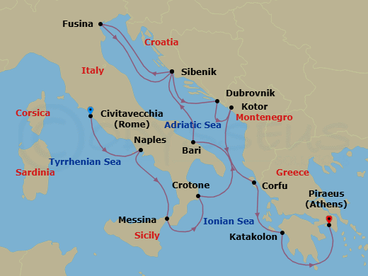 Route map: Rome (Civitavecchia) → Naples → Sicily (Messina) → Crotone → Bari → Sibenik → Venice (Fusina) → Sibenik → Dubrovnik → Kotor