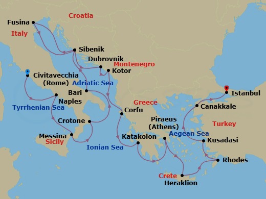 Route map: Rome (Civitavecchia) → Naples → Sicily (Messina) → Crotone → Bari → Sibenik → Venice (Fusina) → Sibenik → Dubrovnik → Kotor