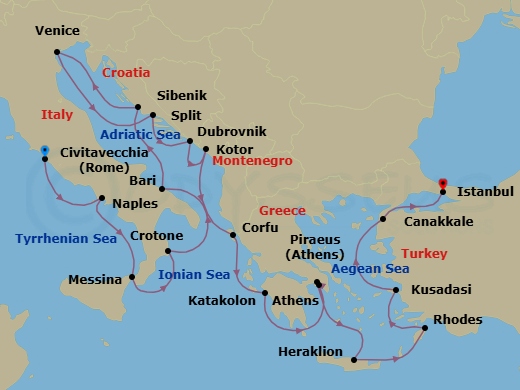 Route map: Rome (Civitavecchia) → Naples → Sicily (Messina) → Crotone → Bari → Sibenik → Venice → Split → Dubrovnik → Kotor