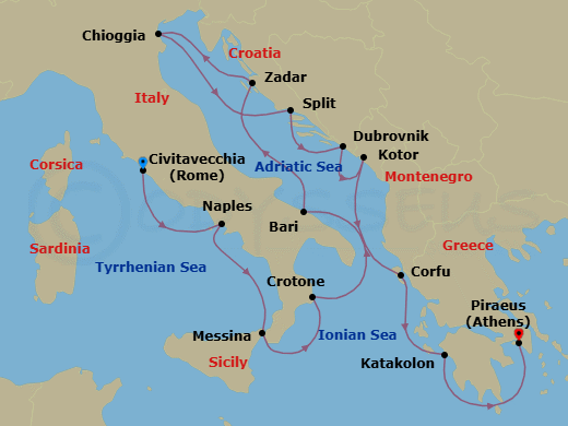 Route map: Rome (Civitavecchia) → Naples → Sicily (Messina) → Crotone → Bari → Zadar → Venice (Chioggia) → Split → Dubrovnik → Kotor