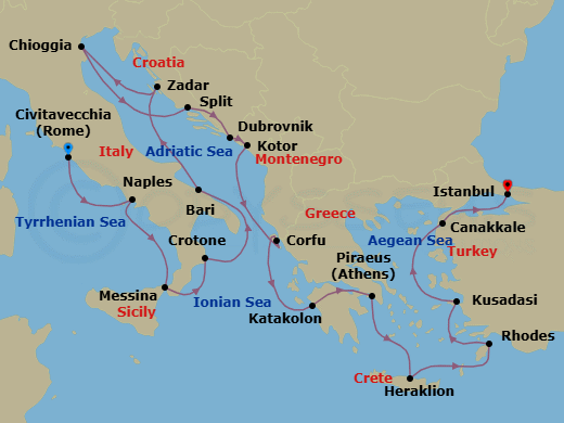 Route map: Rome (Civitavecchia) → Naples → Sicily (Messina) → Crotone → Bari → Zadar → Venice (Chioggia) → Split → Dubrovnik → Kotor