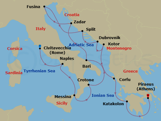 Route map: Rome (Civitavecchia) → Naples → Sicily (Messina) → Crotone → Bari → Zadar → Venice (Fusina) → Split → Dubrovnik → Kotor