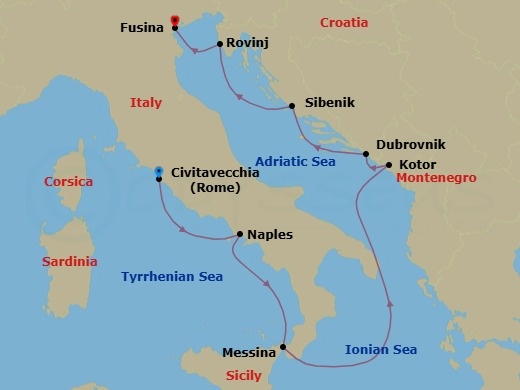 Route map: Rome (Civitavecchia) → Naples/Pompeii → Messina (Sicily) → Kotor → Dubrovnik → Sibenik → Rovinj → Venice (Fusina)