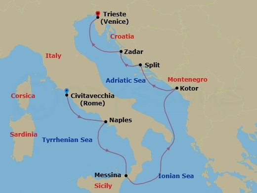 Route map: Civitavecchia (Rome), Italy → Naples (Pompeii/Amalfi), Italy → Messina, Italy → Kotor, Montenegro → Split, Croatia → Zadar, Croatia → Trieste (Venice), Italy