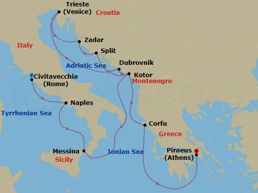 Route map: Civitavecchia (Rome), Italy → Naples (Pompeii/Amalfi), Italy → Messina, Italy → Kotor, Montenegro → Split, Croatia → Zadar, Croatia → Trieste (Venice), Italy → Dubrovnik, Croatia → Kotor, Montenegro → Kerkira, Nisos Kerkira (Corfu), Greece