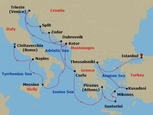 Route map: Civitavecchia (Rome), Italy → Naples (Pompeii/Amalfi), Italy → Messina, Italy → Kotor, Montenegro → Split, Croatia → Zadar, Croatia → Trieste (Venice), Italy → Dubrovnik, Croatia → Kotor, Montenegro → Kerkira, Nisos Kerkira (Corfu), Greece