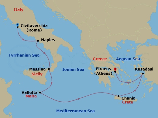 Route map: Civitavecchia (Rome) → Naples → Messina → Valletta → Souda (Chania) → Kusadasi → Athens (Piraeus)