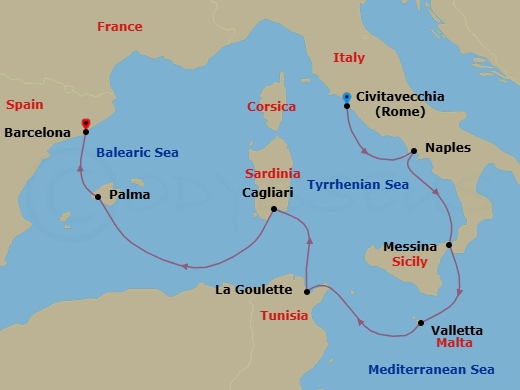 Route map: Rome (Civitavecchia) → Tuscany (Livorno) → Villefranche → Saint-Tropez → Cannes → Palma De Mallorca → Barcelona