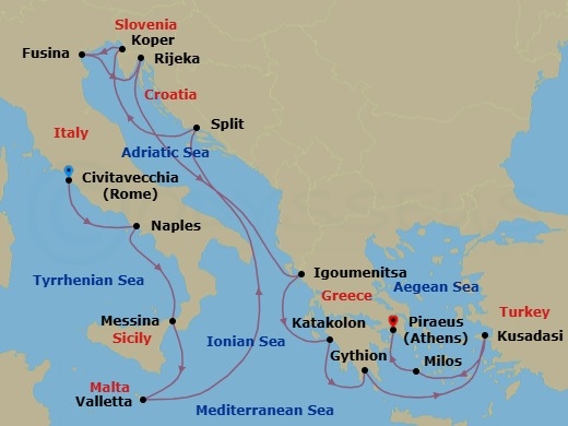 Route map: Rome (Civitavecchia) → Naples/Pompeii → Messina (Sicily) → Valletta → Split → Koper → Venice (Fusina) → Rijeka → Igoumenitsa → Katakolon