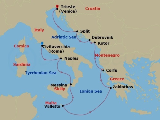 Route map: Civitavecchia (Rome), Italy → Naples (Pompeii/Amalfi), Italy → Messina, Italy → Valletta, Malta → Zakinthos, Greece → Kerkira, Nisos Kerkira (Corfu), Greece → Kotor, Montenegro → Dubrovnik, Croatia → Split, Croatia → Trieste (Venice), Italy