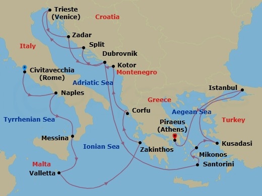 Route map: Civitavecchia (Rome), Italy → Naples (Pompeii/Amalfi), Italy → Messina, Italy → Valletta, Malta → Zakinthos, Greece → Kerkira, Nisos Kerkira (Corfu), Greece → Kotor, Montenegro → Dubrovnik, Croatia → Split, Croatia → Trieste (Venice), Italy