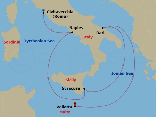 Route map: Civitavecchia (Rome) → Port Of Naples → Siracusa (Sicily) → Bari → La Valletta