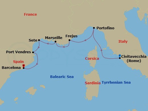 Route map: Civitavecchia (Rome), Italy → Portofino, Italy → Frejus, France → La Joliette (Marseille), France → Sete, France → Port-Vendres, France → Barcelona, Spain