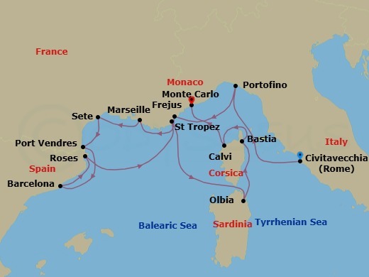 Route map: Civitavecchia (Rome), Italy → Portofino, Italy → Frejus, France → La Joliette (Marseille), France → Sete, France → Port-Vendres, France → Barcelona, Spain → Rosas (Roses), Spain → St Tropez, France → Olbia, Sardinia, Italy