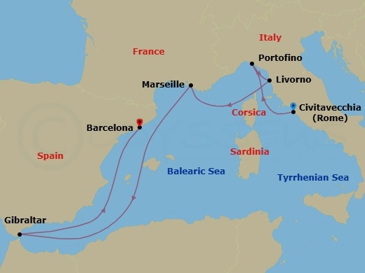 Route map: Civitavecchia (Rome), Italy → Portofino, Italy → Livorno (Florence/Pisa), Italy → Marseille (Provence), France → Gibraltar → Barcelona, Spain