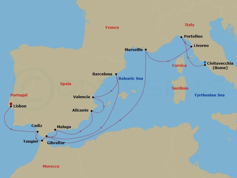 Route map: Civitavecchia (Rome), Italy → Portofino, Italy → Livorno (Florence/Pisa), Italy → Marseille (Provence), France → Gibraltar → Barcelona, Spain → Valencia, Spain → Alicante, Spain → Malaga, Spain → Tangier, Morocco