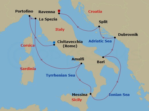Route map: Rome (Civitavecchia) → Portofino (Santa Margherita) → La Spezia → AMALFI COAST SAIL BY, IT → Messina → Bari → Dubrovnik → Split → Ravenna