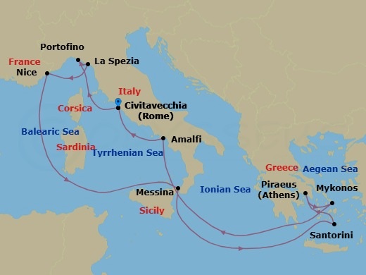 Route map: Rome (Civitavecchia), Italy → Portofino, Italy → Florence/Pisa(Laspezia)Italy → Nice (Villefranche), France → Sicily (Messina), Italy → Santorini, Greece → Athens (Piraeus), Greece → Mykonos, Greece → Amalfi Coast (Salerno),Italy → Rome (Civitavecchia), Italy