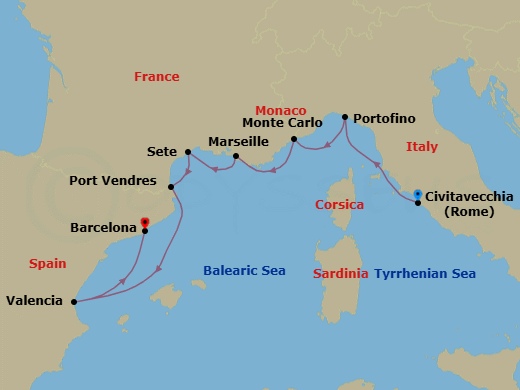 Route map: Civitavecchia (Rome), Italy → Portofino, Italy → Monte Carlo, Monaco → La Joliette (Marseille), France → Sete, France → Port-Vendres, France → Valencia, Spain → Barcelona, Spain