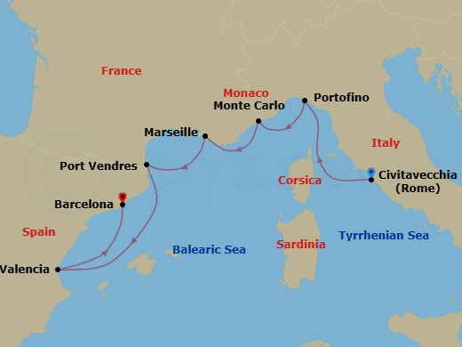 Route map: Civitavecchia (Rome), Italy → Portofino, Italy → Monte Carlo, Monaco → La Joliette (Marseille), France → Port-Vendres, France → Valencia, Spain → Barcelona, Spain