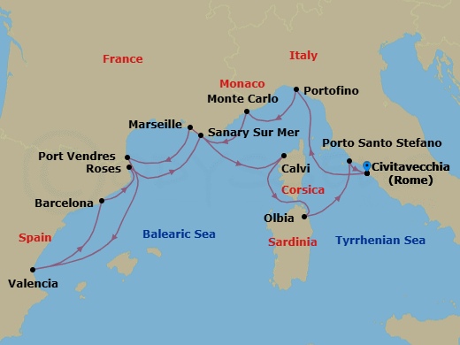 Route map: Civitavecchia (Rome), Italy → Portofino, Italy → Monte Carlo, Monaco → La Joliette (Marseille), France → Port-Vendres, France → Valencia, Spain → Barcelona, Spain → Rosas (Roses), Spain → Sanary-sur-Mer, France → Calvi, Corsica, France