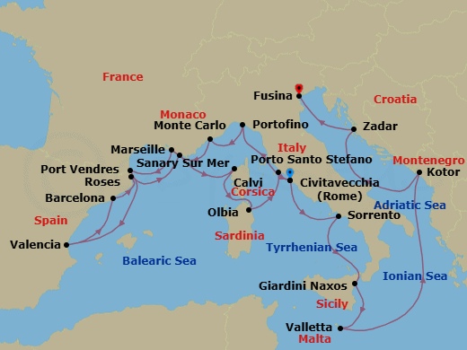 Route map: Civitavecchia (Rome), Italy → Portofino, Italy → Monte Carlo, Monaco → La Joliette (Marseille), France → Port-Vendres, France → Valencia, Spain → Barcelona, Spain → Rosas (Roses), Spain → Sanary-sur-Mer, France → Calvi, Corsica, France