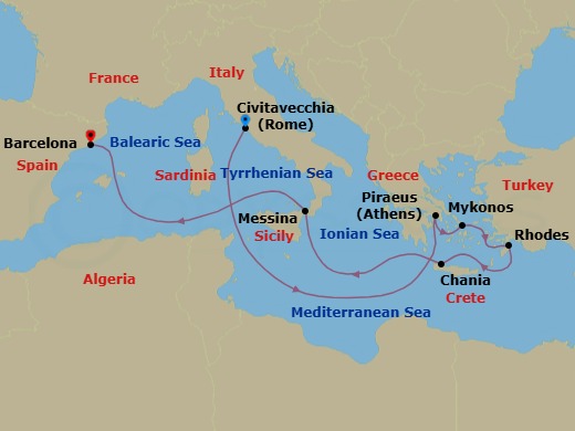Route map: Civitavecchia → Piraeus → Mykonos → Rhodes → Chania → Messina → Barcelona