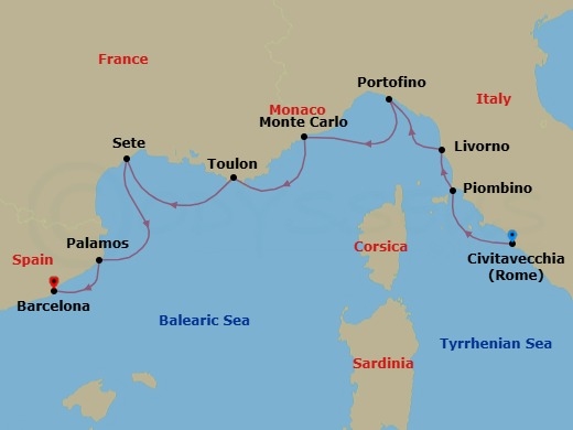 Route map: Rome (Civitavecchia) → Piombino → Tuscany (Livorno) → Portofino → Monte Carlo → Toulon → Sete → Palamos → Barcelona