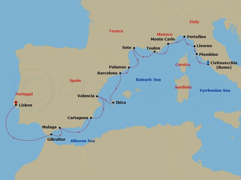 Route map: Rome (Civitavecchia) → Piombino → Tuscany (Livorno) → Portofino → Monte Carlo → Toulon → Sete → Palamos → Barcelona → Ibiza