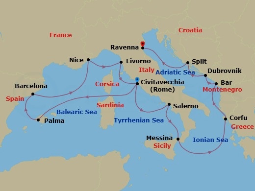 Route map: Civitavecchia  Rome, Italy → Palma Majorca, Spain → Barcelona, Spain → Nice/Monaco (Villefranche), France → Livorno  Florence Pisa, Italy → Civitavecchia  Rome, Italy → Amalfi Coast (Salerno), Italy → Messina, Italy → Corfu, Greece → Bar  Montenegro