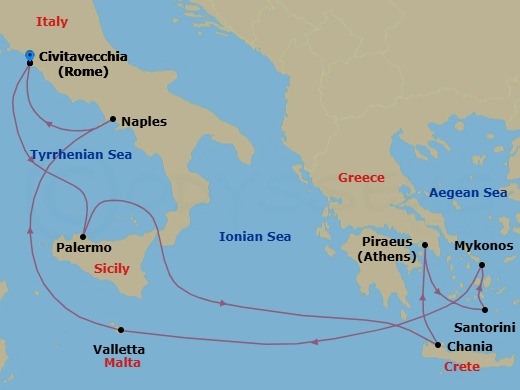 Route map: Rome (Civitavecchia), Italy → Sicily (Palermo),Italy → Chania (Souda),Crete, Greece → Athens (Piraeus), Greece → Santorini, Greece → Mykonos, Greece → Valletta, Malta → Naples, Italy → Rome (Civitavecchia), Italy