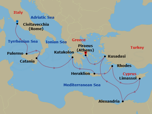Route map: Rome (Civitavecchia) → Palermo (Sicily) → Catania (Sicily) → Katakolon → Heraklion (Crete) → Rhodes → Limassol → Alexandria → Ephesus (Kusadasi) → Athens (Piraeus)