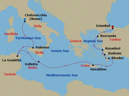 Route map: Rome (Civitavecchia) → Palermo (Sicily) → Tunis (La Goulette) → Valletta → Heraklion (Crete) → Rhodes → Bodrum → Ephesus (Kusadasi) → Bozcaada (Troy) → Istanbul