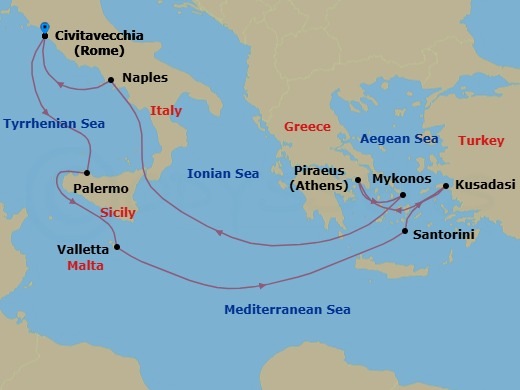 Route map: Rome (Civitavecchia), Italy → Sicily (Palermo),Italy → Valletta, Malta → Santorini, Greece → Ephesus (Kusadasi), Turkey → Athens (Piraeus), Greece → Mykonos, Greece → Naples, Italy → Rome (Civitavecchia), Italy