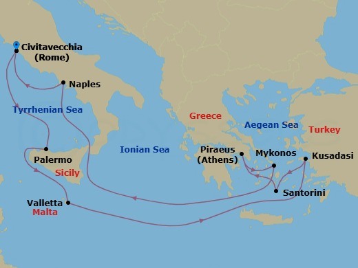 Route map: Rome (Civitavecchia), Italy → Sicily (Palermo),Italy → Valletta, Malta → Ephesus (Kusadasi), Turkey → Santorini, Greece → Athens (Piraeus), Greece → Mykonos, Greece → Naples, Italy → Rome (Civitavecchia), Italy