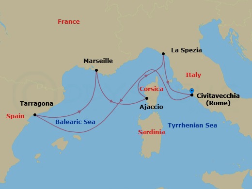 Route map: Civitavecchia (tours to Rome),Italy → Tarragona, Spain → Marseille, France → Ajaccio, Corsica, France → La Spezia (tours to Florence or Pisa), Italy → Civitavecchia (tours to Rome),Italy