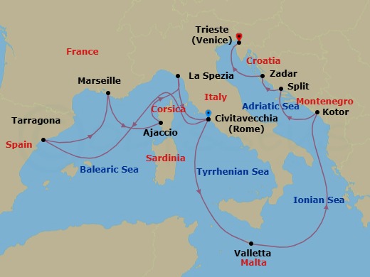 Route map: Civitavecchia (tours to Rome),Italy → Tarragona, Spain → Marseille, France → Ajaccio, Corsica, France → La Spezia (tours to Florence or Pisa), Italy → Civitavecchia (tours to Rome),Italy → Valletta, Malta → Kotor, Montenegro → Split, Croatia → Zadar, Croatia