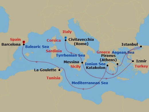 Route map: Civitavecchia (Rome) → Messina (Taormina) → Izmir → Istanbul → Piraeus (Athens) → Katakolon (Olympia) → La Goulette (Tunis) → Barcelona