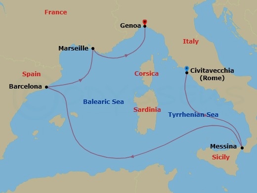 Route map: Civitavecchia (Rome) Italy → Messina (Taormina) Italy → Barcelona Spain → Marseille (Provence) France → Genoa (Portofino) Italy