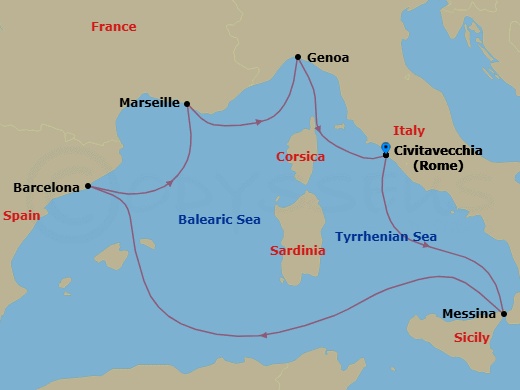 Route map: Civitavecchia (Rome) Italy → Messina (Taormina) Italy → Barcelona Spain → Marseille (Provence) France → Genoa (Portofino) Italy → Civitavecchia (Rome) Italy