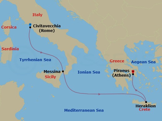 Route map: Civitavecchia (Rome) → Messina (Taormina) → Heraklion (Crete) → Piraeus (Athens)