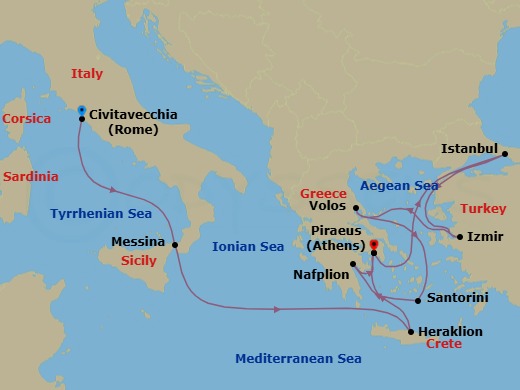 Route map: Civitavecchia (Rome) → Messina (Taormina) → Heraklion (Crete) → Piraeus (Athens) → Istanbul → Izmir → Volos (Meteora) → Thira (Santorini) → Nafplion → Piraeus (Athens)