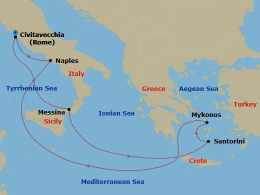 Route map: Rome (Civitavecchia), Italy → Sicily (Messina), Italy → Santorini, Greece → Mykonos, Greece → Naples, Italy → Rome (Civitavecchia), Italy