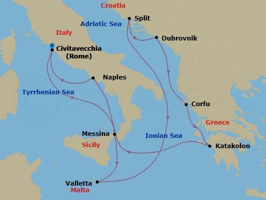 Route map: Rome (Civitavecchia), Italy → Sicily (Messina), Italy → Valletta, Malta → Split, Croatia → Dubrovnik, Croatia → Corfu, Greece → Olympia (Katakolon), Greece → Naples, Italy → Rome (Civitavecchia), Italy