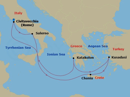 Route map: Civitavecchia (for Rome), Italy → Amalfi Coast (Salerno) → Crete (Chania), Greece → Kusadasi, Turkey (for Ephesus) → Katakolon (for Olympia), Greece → Civitavecchia (for Rome), Italy