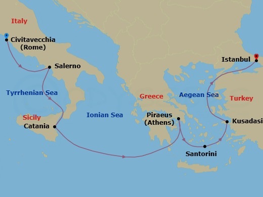 Route map: Civitavecchia  Rome, Italy → Amalfi Coast (Salerno), Italy → Catania, Italy → Piraeus  Athens, Greece → Santorini Island, Greece → Kusadasi, Turkey → Istanbul, Turkey