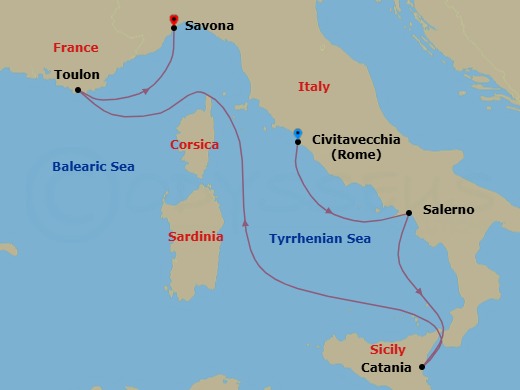 Route map: Civitavecchia (Rome) → Salerno (Amalfi Coast) → Catania → La Seyne(StTropez) → Savona